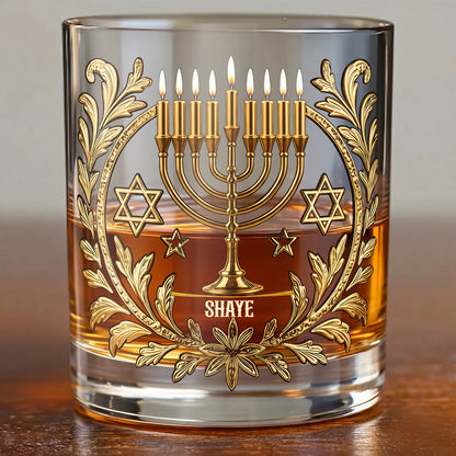 Personalized Hanukkah Whiskey Glass - Custom Holiday Judaica Gift