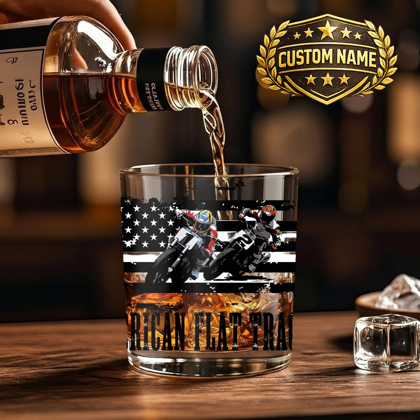 Personalized American Flat Track Whiskey Glass - Custom Racer Gift