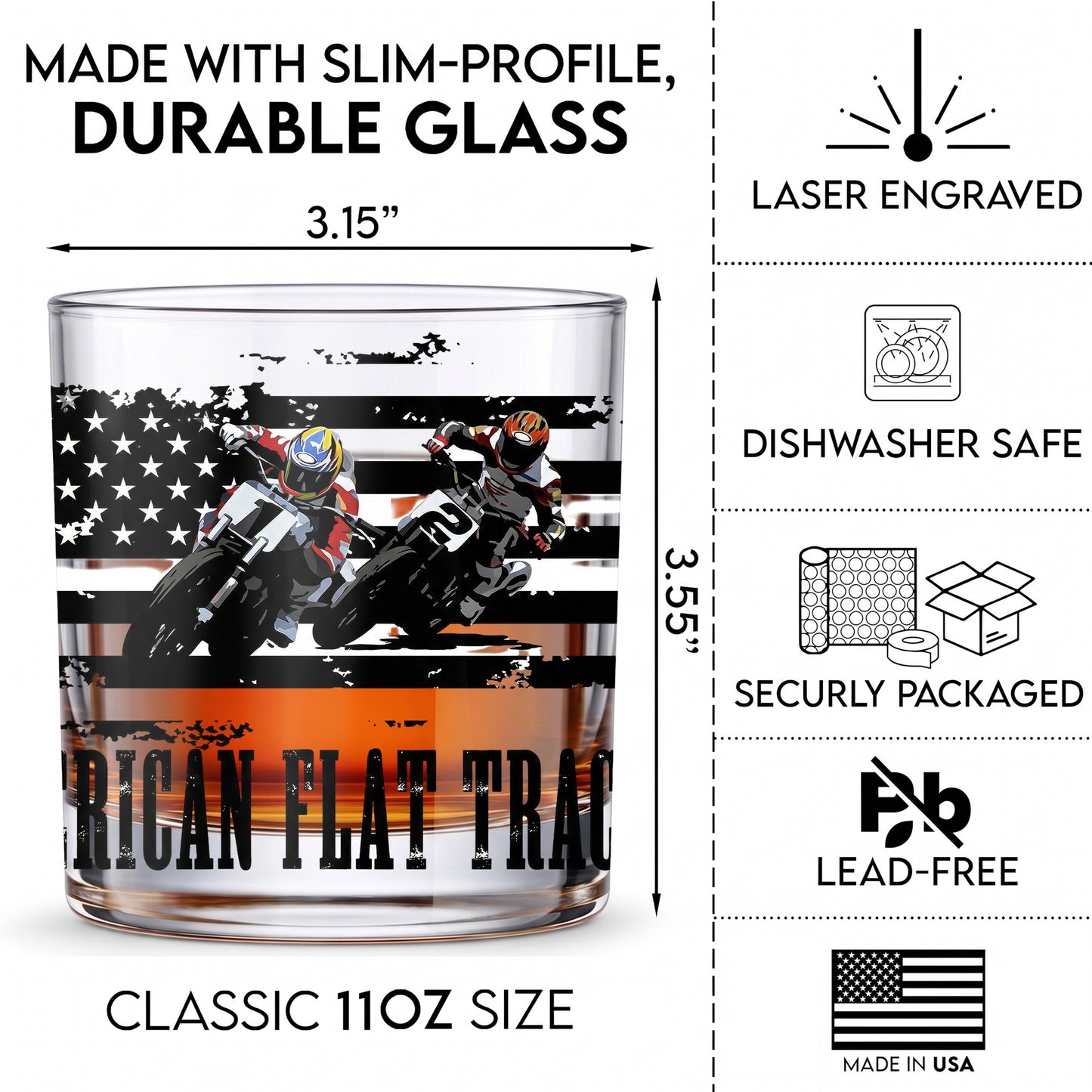 Personalized American Flat Track Whiskey Glass - Custom Racer Gift