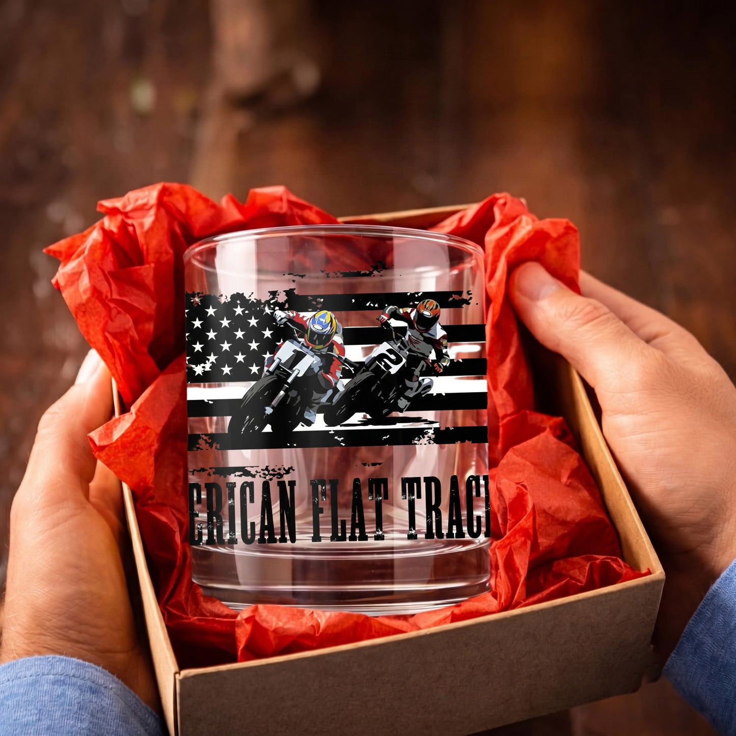 Personalized American Flat Track Whiskey Glass - Custom Racer Gift