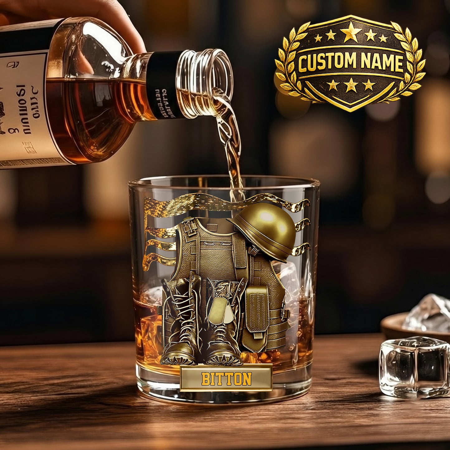 Personalized Military Whiskey Glass - Custom Veteran & Soldier Gift