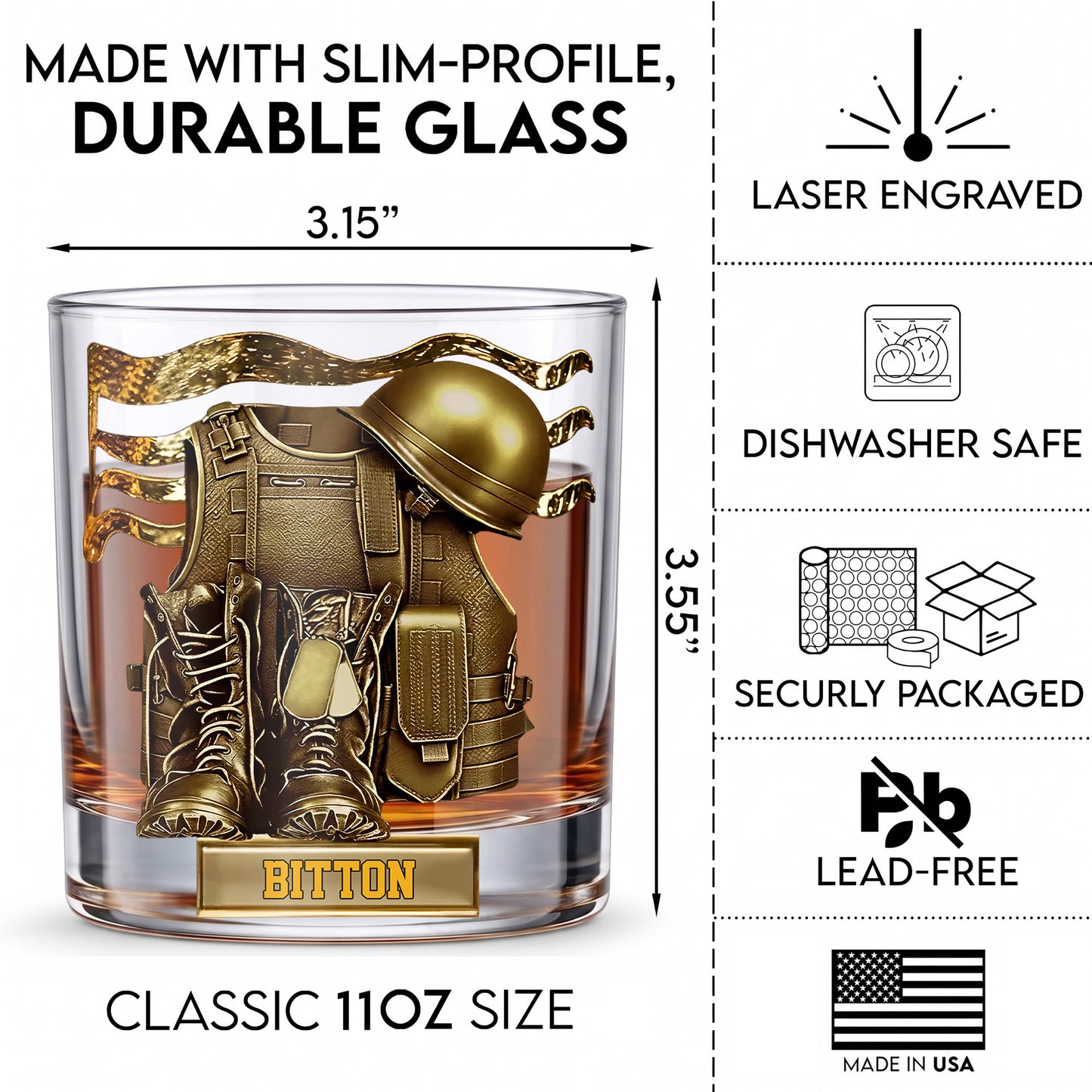 Personalized Military Whiskey Glass - Custom Veteran & Soldier Gift