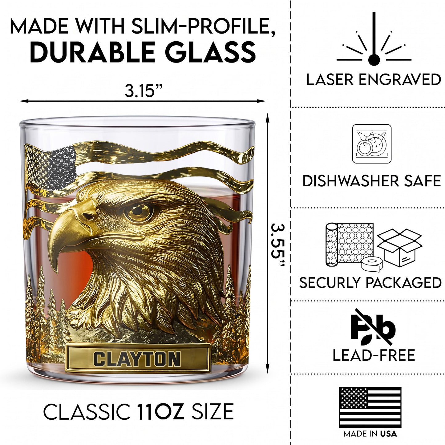 Personalized Bald Eagle Whiskey Glass - Custom Patriotic Gift
