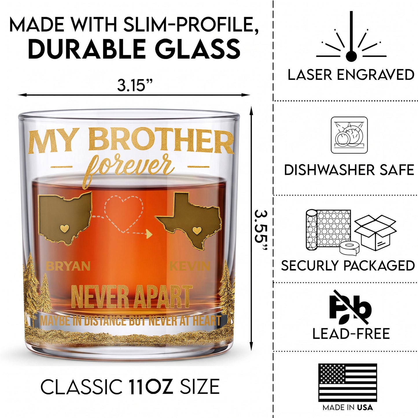 Personalized Long Distance Whiskey Glass - Custom Brother Gift