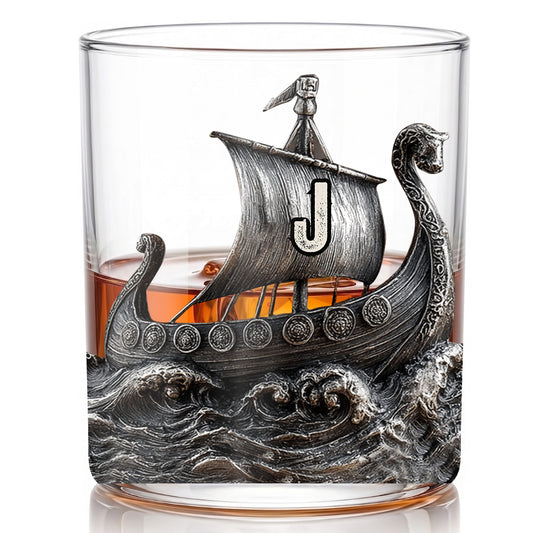 Personalized Viking Ship Whiskey Glass - Custom Norse Gift