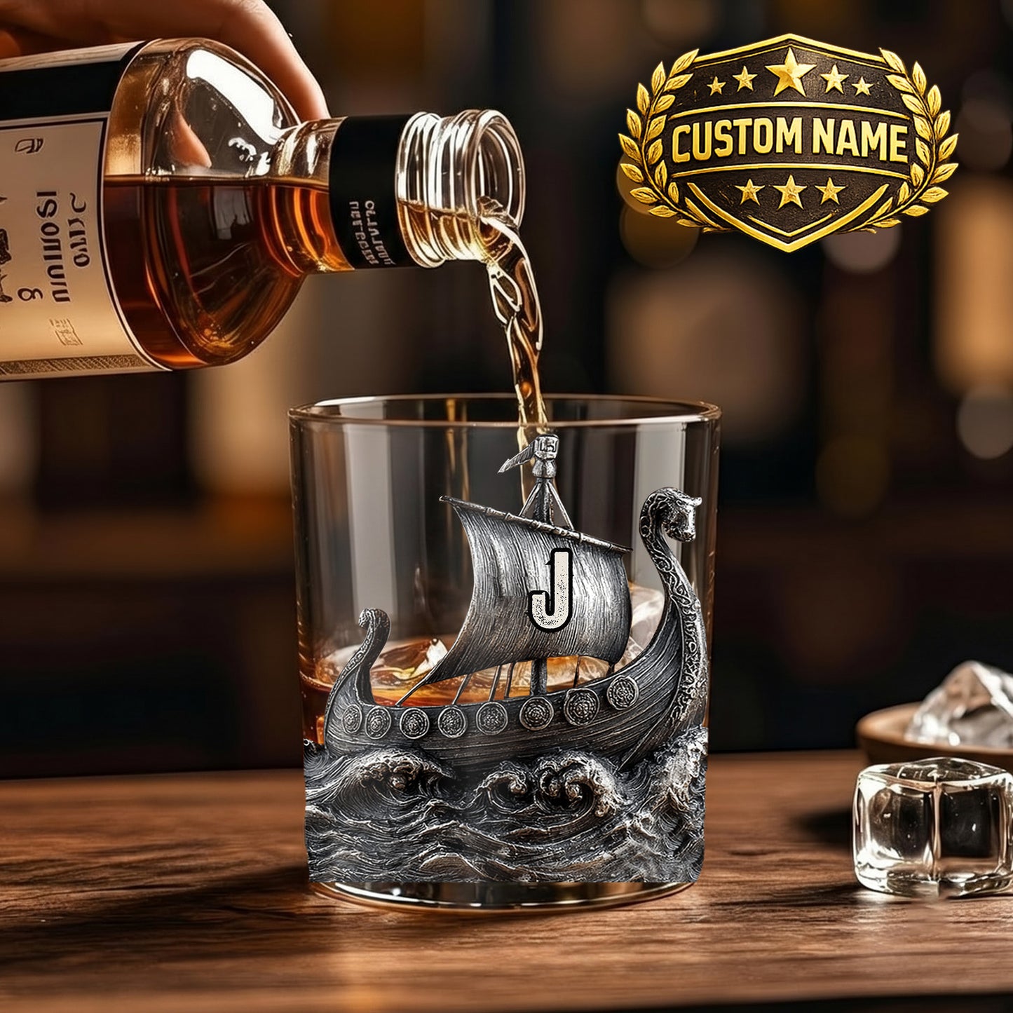 Personalized Viking Ship Whiskey Glass - Custom Norse Gift