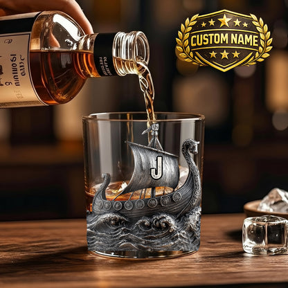 Personalized Viking Ship Whiskey Glass - Custom Norse Gift