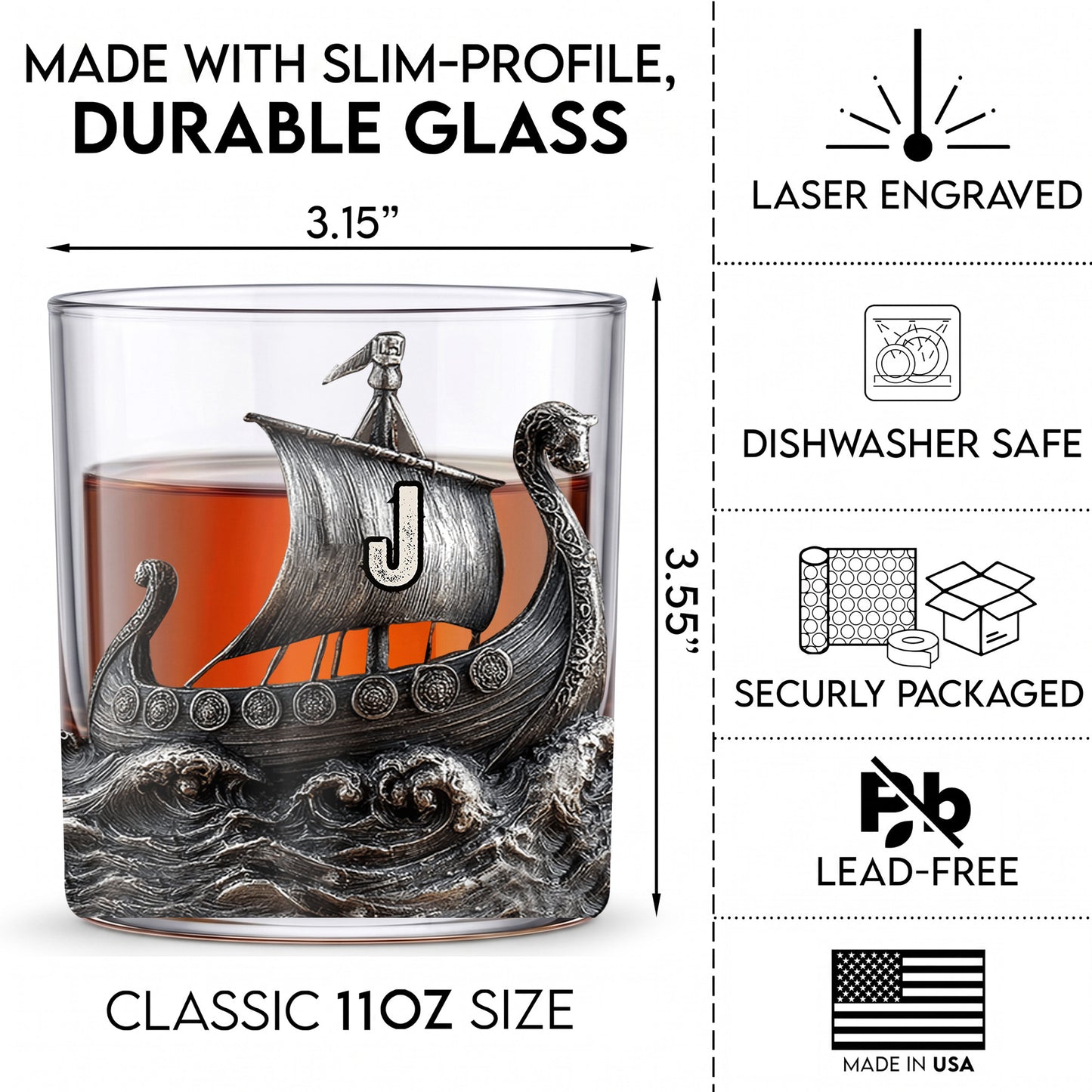 Personalized Viking Ship Whiskey Glass - Custom Norse Gift