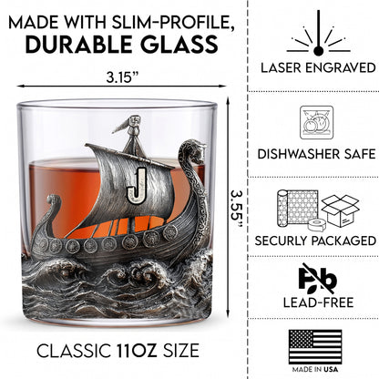 Personalized Viking Ship Whiskey Glass - Custom Norse Gift