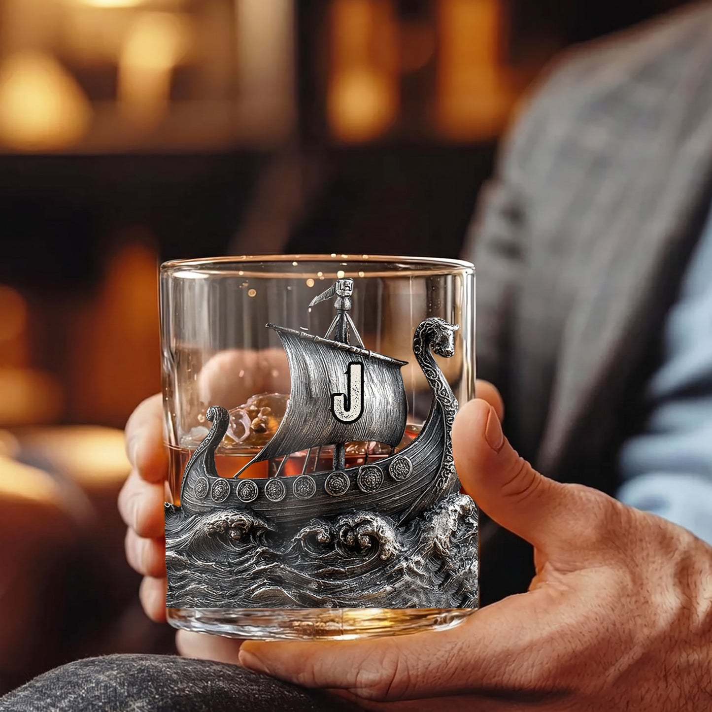 Personalized Viking Ship Whiskey Glass - Custom Norse Gift