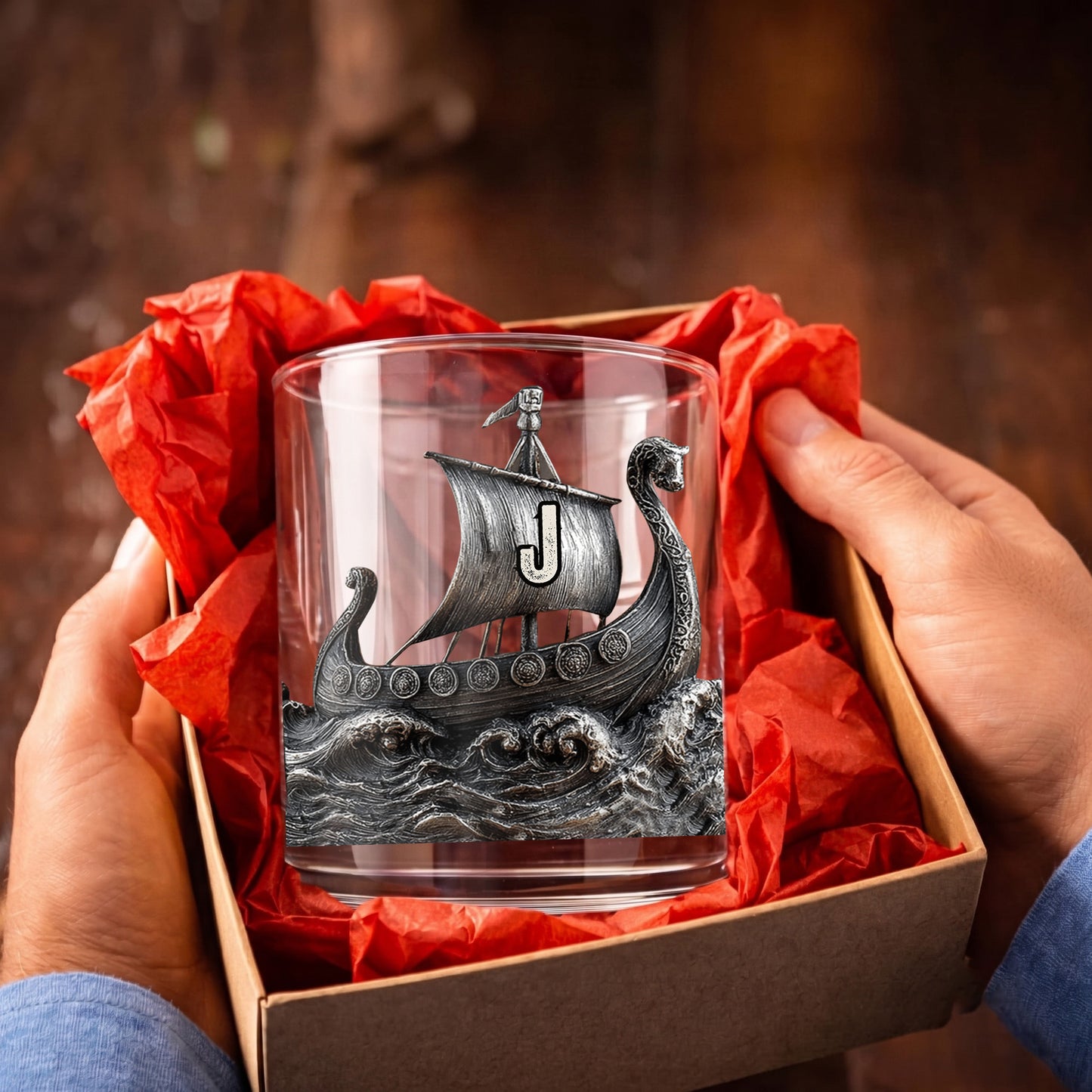 Personalized Viking Ship Whiskey Glass - Custom Norse Gift