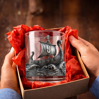 Personalized Viking Ship Whiskey Glass - Custom Norse Gift