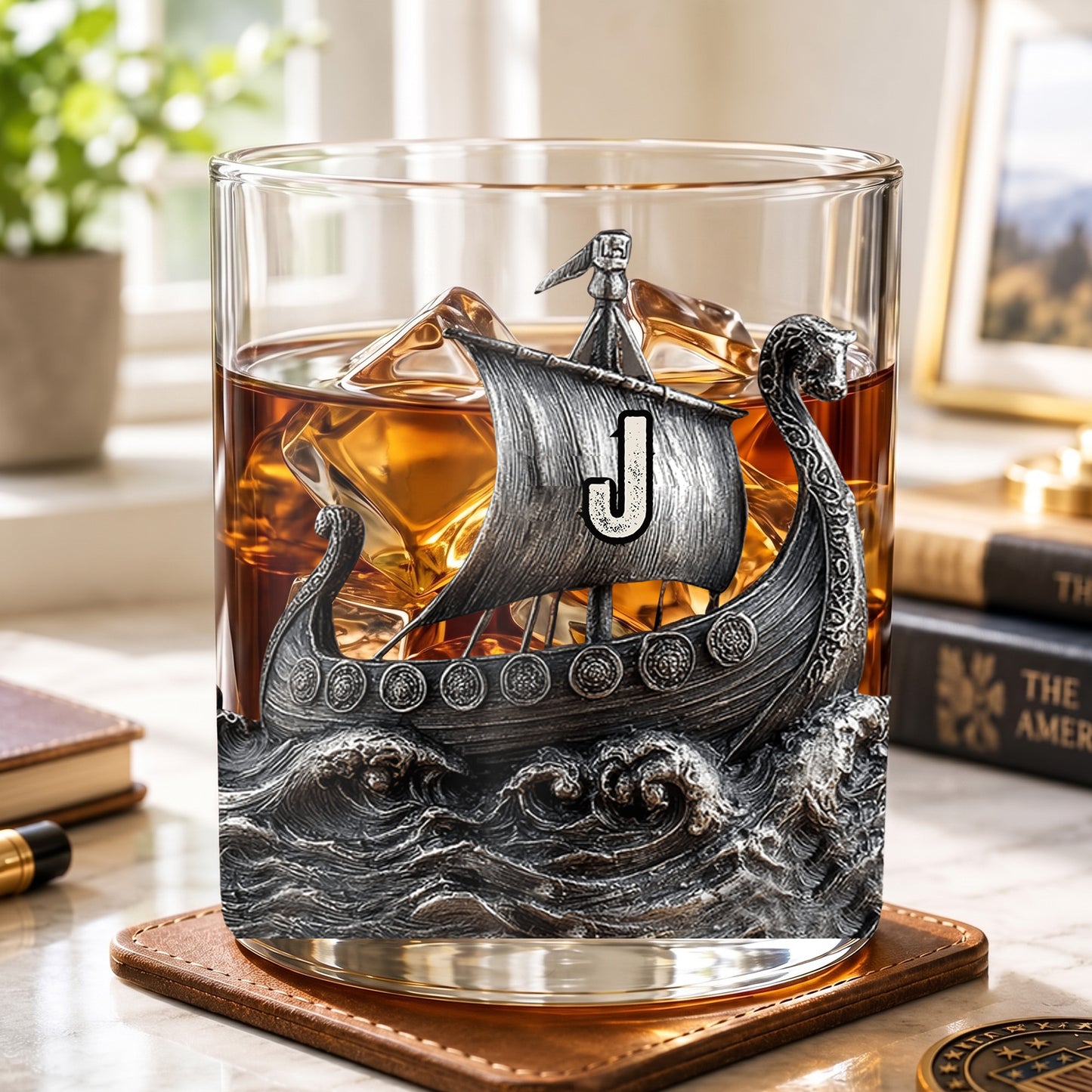 Personalized Viking Ship Whiskey Glass - Custom Norse Gift