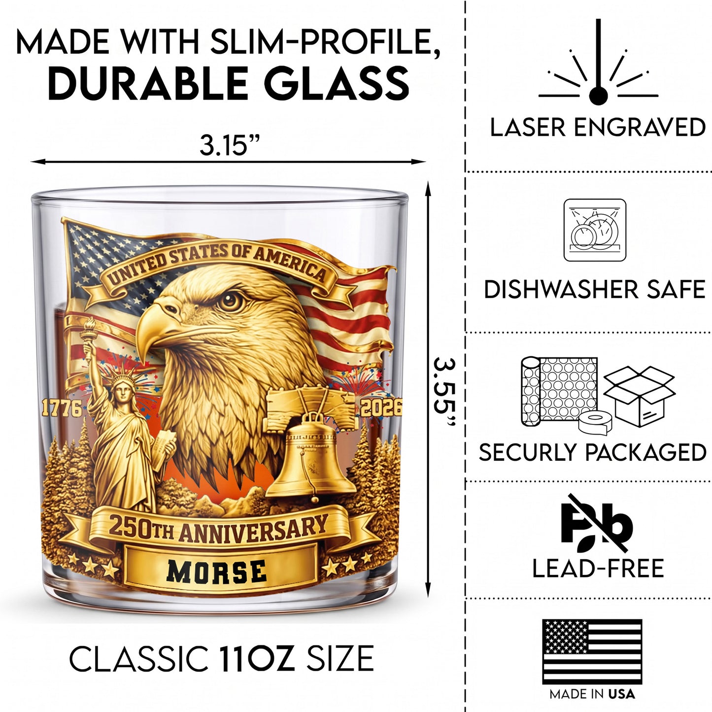 Personalized 250th Anniversary Whiskey Glass - Custom US Gift