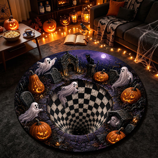 Halloween Round Rug 3D Haunted Graveyard Vortex Ghost Pumpkin
