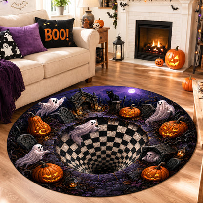 Halloween Round Rug 3D Haunted Graveyard Vortex Ghost Pumpkin