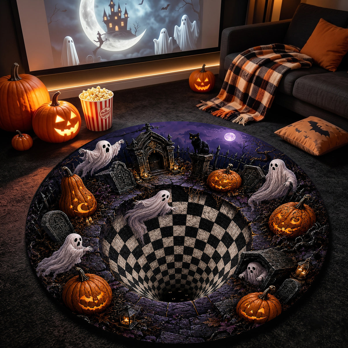 Halloween Round Rug 3D Haunted Graveyard Vortex Ghost Pumpkin