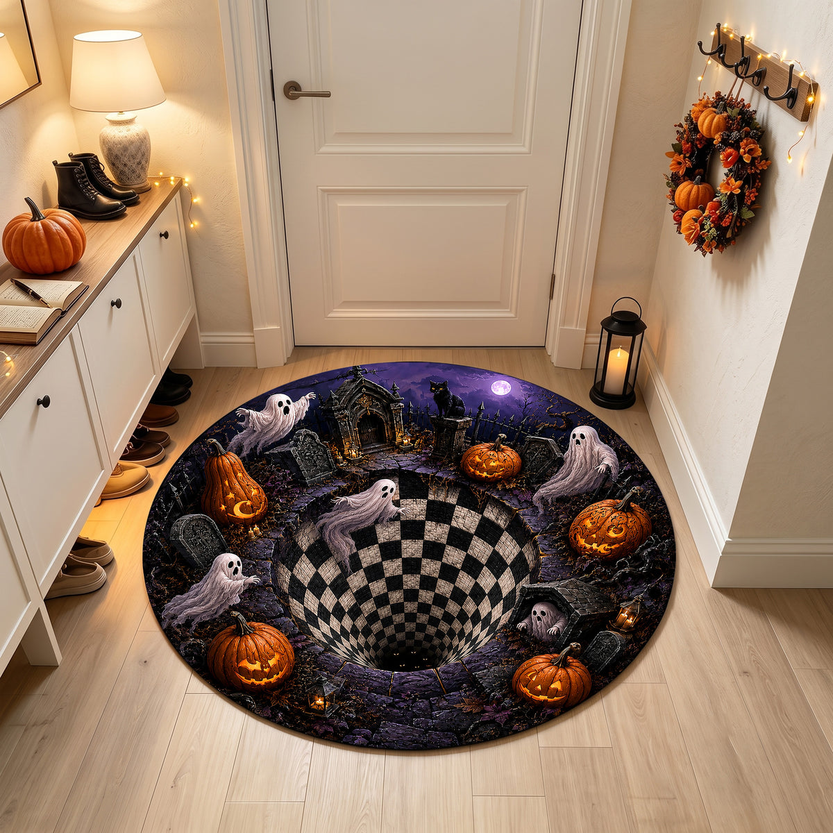 Halloween Round Rug 3D Haunted Graveyard Vortex Ghost Pumpkin