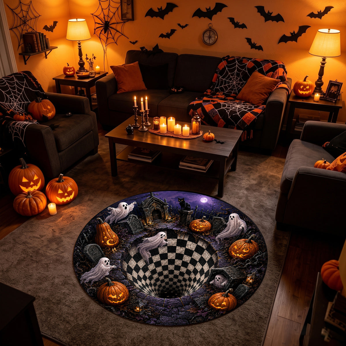 Halloween Round Rug 3D Haunted Graveyard Vortex Ghost Pumpkin