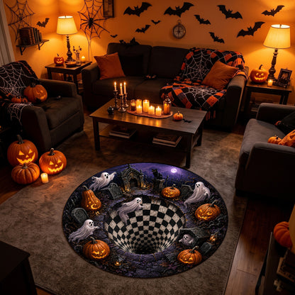 Halloween Round Rug 3D Haunted Graveyard Vortex Ghost Pumpkin