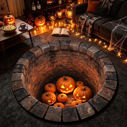Halloween Round Rug 3D Illusion Brick Pit Pumpkins