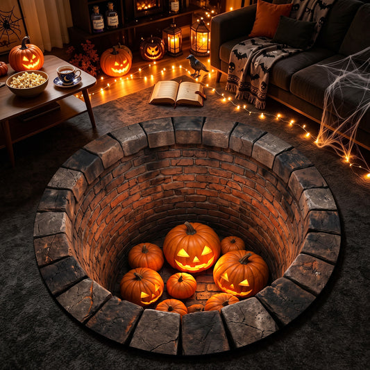 Halloween Round Rug 3D Illusion Brick Pit Pumpkins