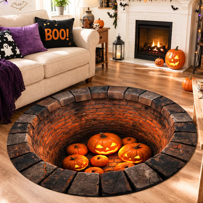 Halloween Round Rug 3D Illusion Brick Pit Pumpkins