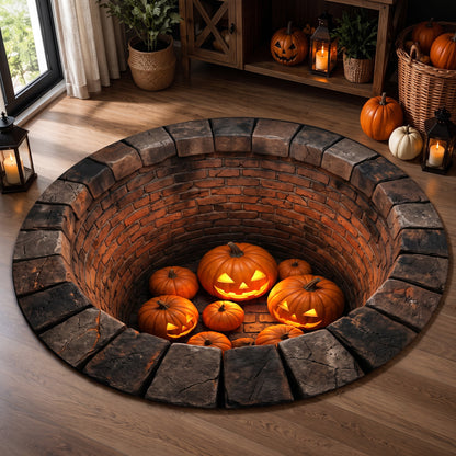 Halloween Round Rug 3D Illusion Brick Pit Pumpkins