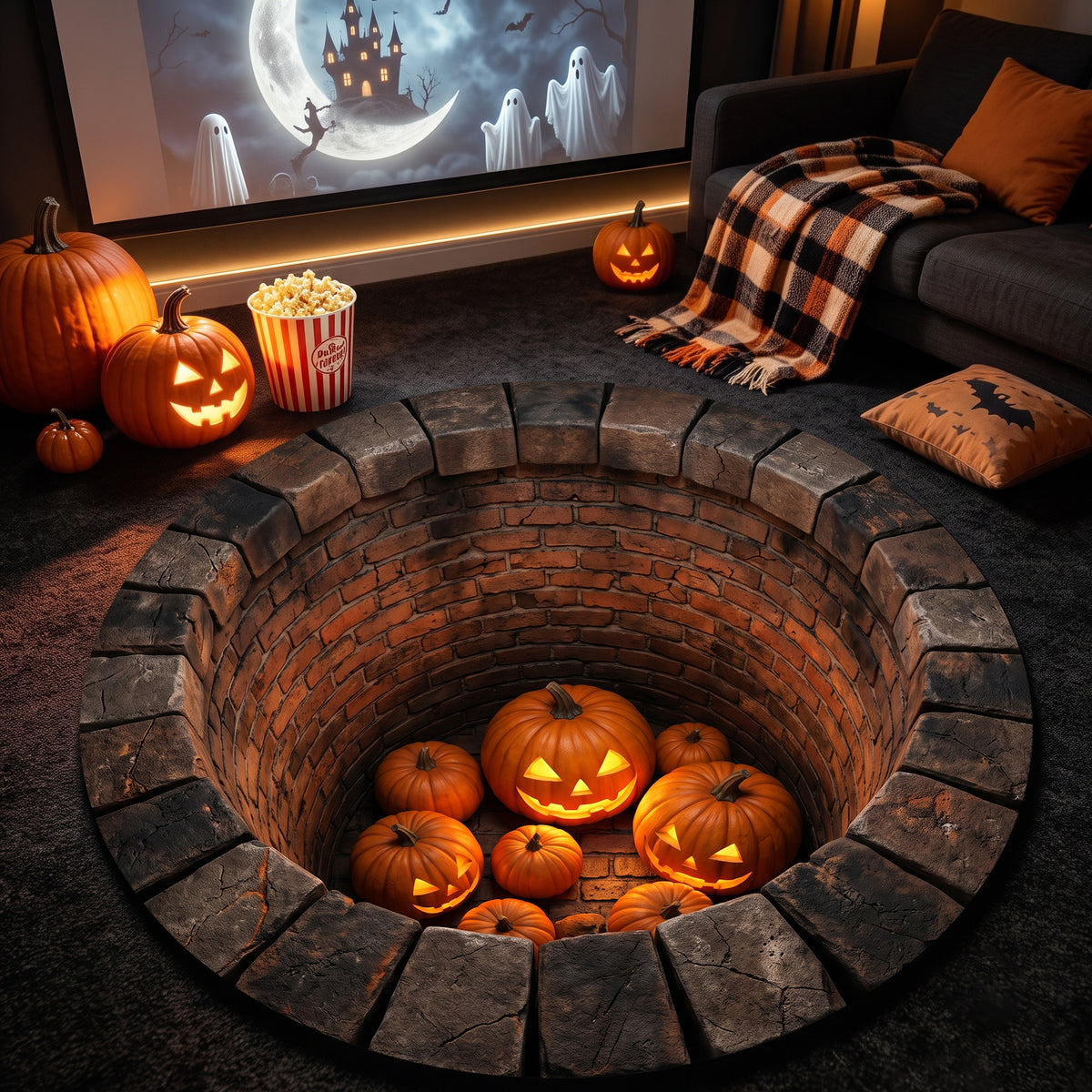 Halloween Round Rug 3D Illusion Brick Pit Pumpkins