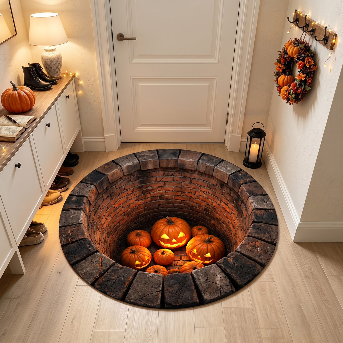Halloween Round Rug 3D Illusion Brick Pit Pumpkins