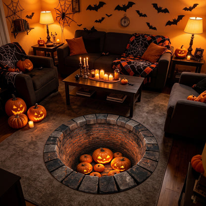 Halloween Round Rug 3D Illusion Brick Pit Pumpkins