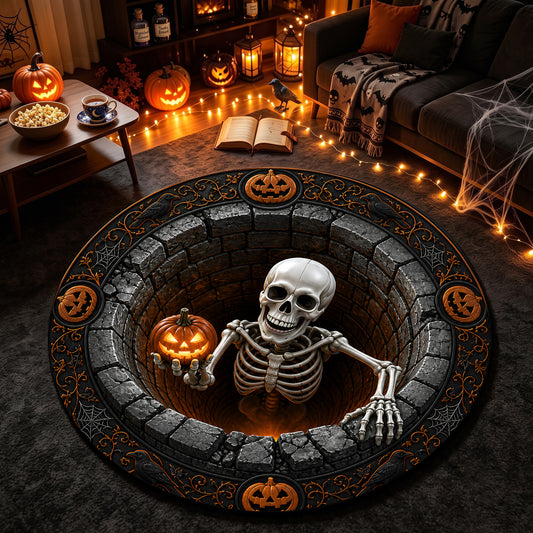 Halloween Round Rug 3D Illusion Skeleton Brick Pit
