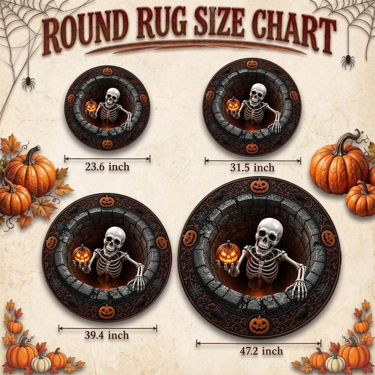 Halloween Round Rug 3D Illusion Skeleton Brick Pit
