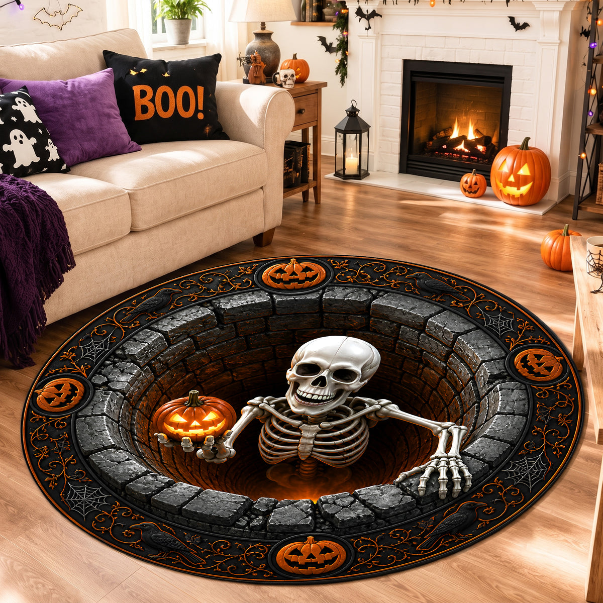 Halloween Round Rug 3D Illusion Skeleton Brick Pit