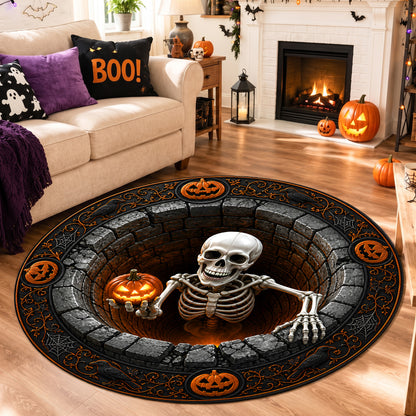 Halloween Round Rug 3D Illusion Skeleton Brick Pit