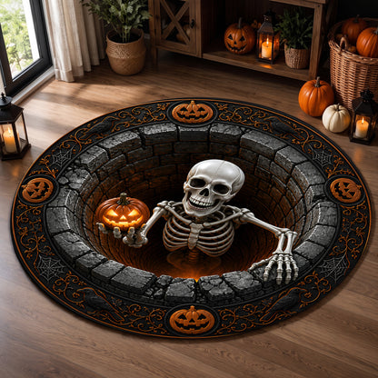 Halloween Round Rug 3D Illusion Skeleton Brick Pit