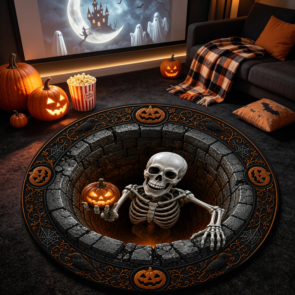 Halloween Round Rug 3D Illusion Skeleton Brick Pit