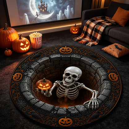 Halloween Round Rug 3D Illusion Skeleton Brick Pit