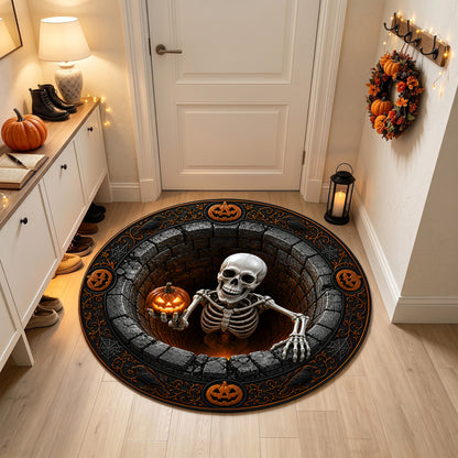 Halloween Round Rug 3D Illusion Skeleton Brick Pit