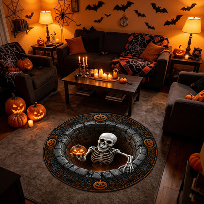 Halloween Round Rug 3D Illusion Skeleton Brick Pit