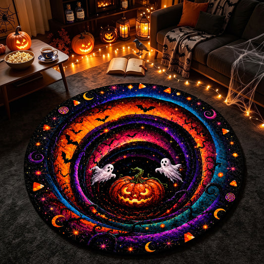 Halloween Round Rug 3D Cosmic Swirl Pumpkin Ghosts