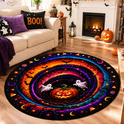 Halloween Round Rug 3D Cosmic Swirl Pumpkin Ghosts