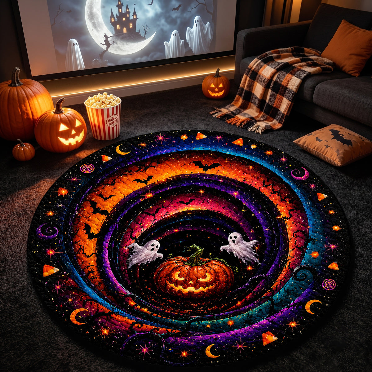Halloween Round Rug 3D Cosmic Swirl Pumpkin Ghosts