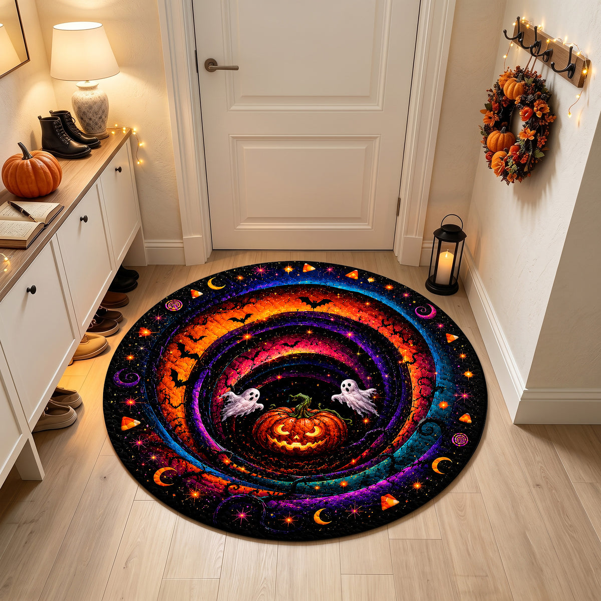 Halloween Round Rug 3D Cosmic Swirl Pumpkin Ghosts