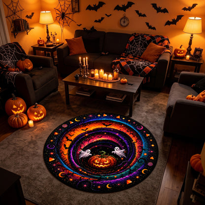 Halloween Round Rug 3D Cosmic Swirl Pumpkin Ghosts