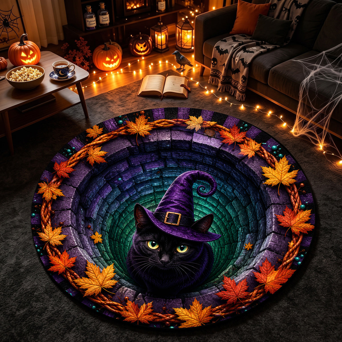 Halloween Round Rug 3D Illusion Black Cat Witch Hat