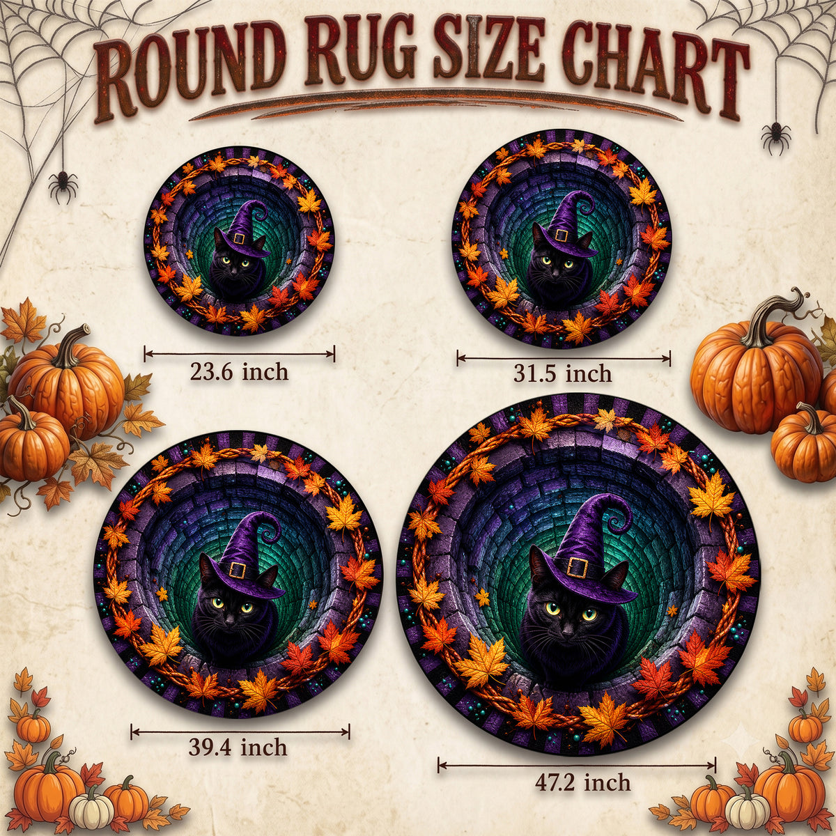 Halloween Round Rug 3D Illusion Black Cat Witch Hat