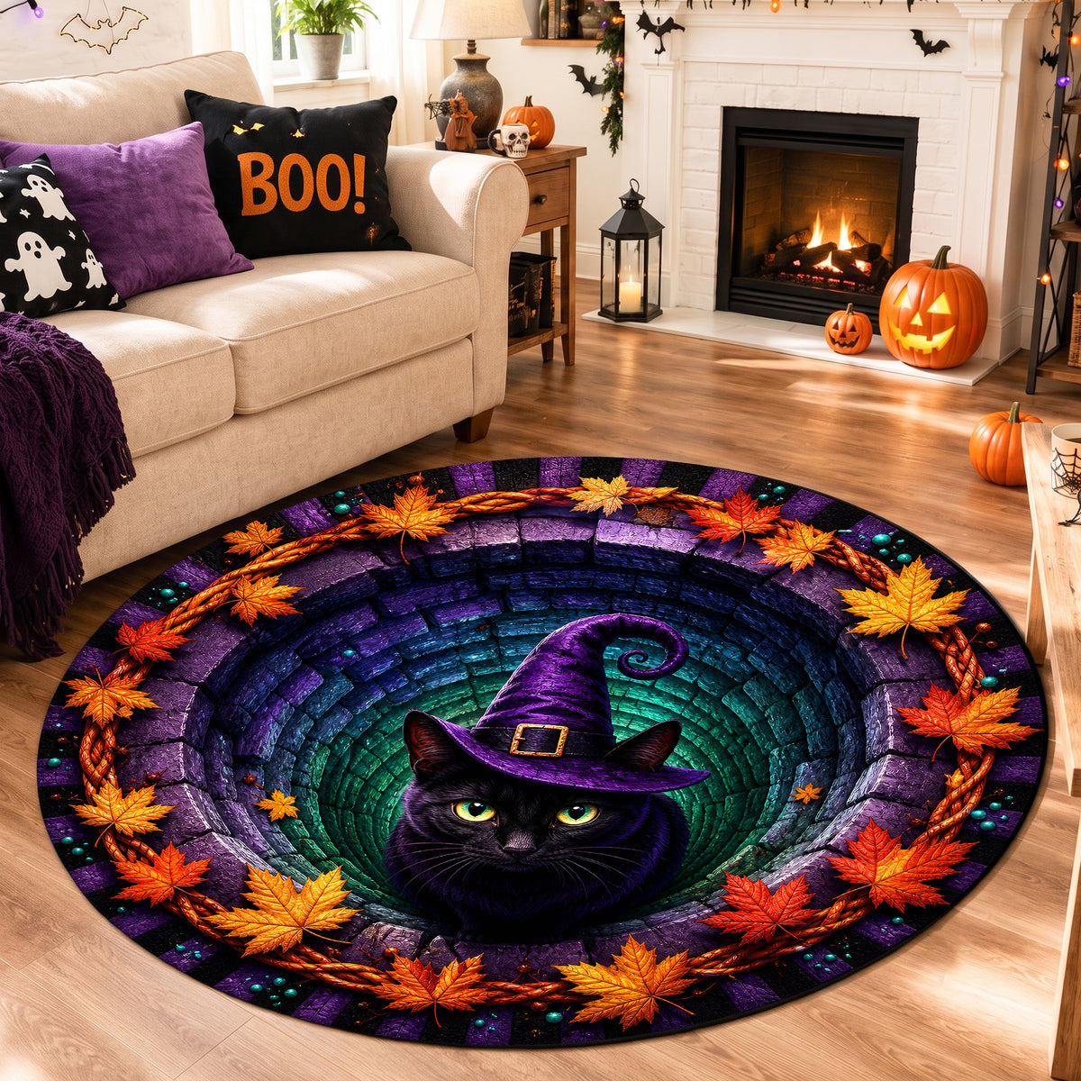 Halloween Round Rug 3D Illusion Black Cat Witch Hat