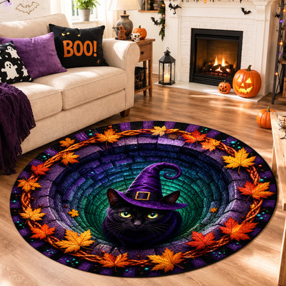 Halloween Round Rug 3D Illusion Black Cat Witch Hat