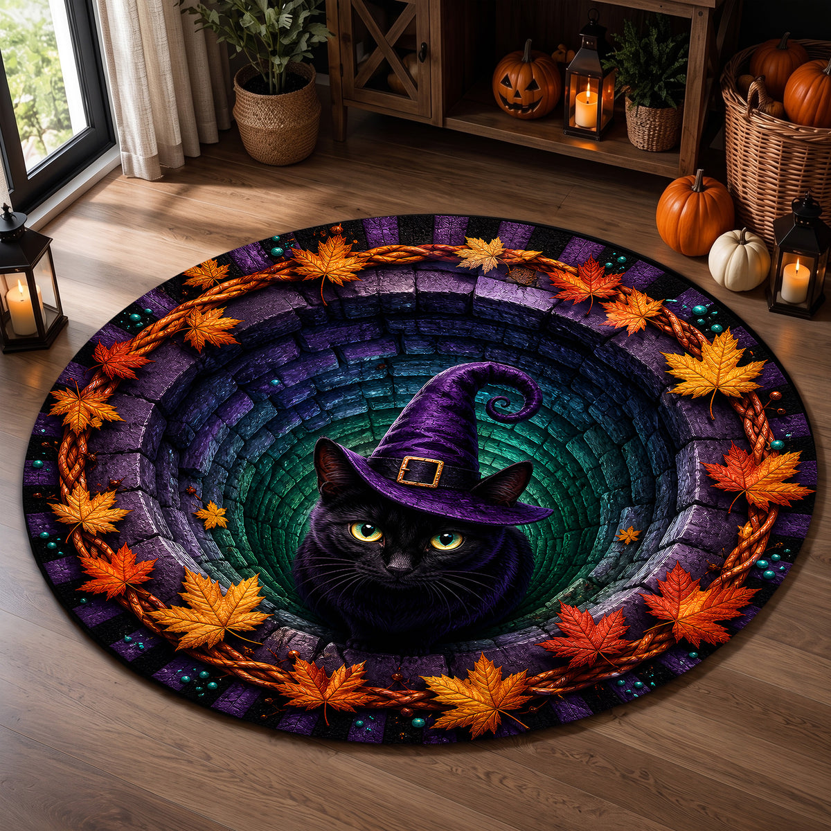 Halloween Round Rug 3D Illusion Black Cat Witch Hat
